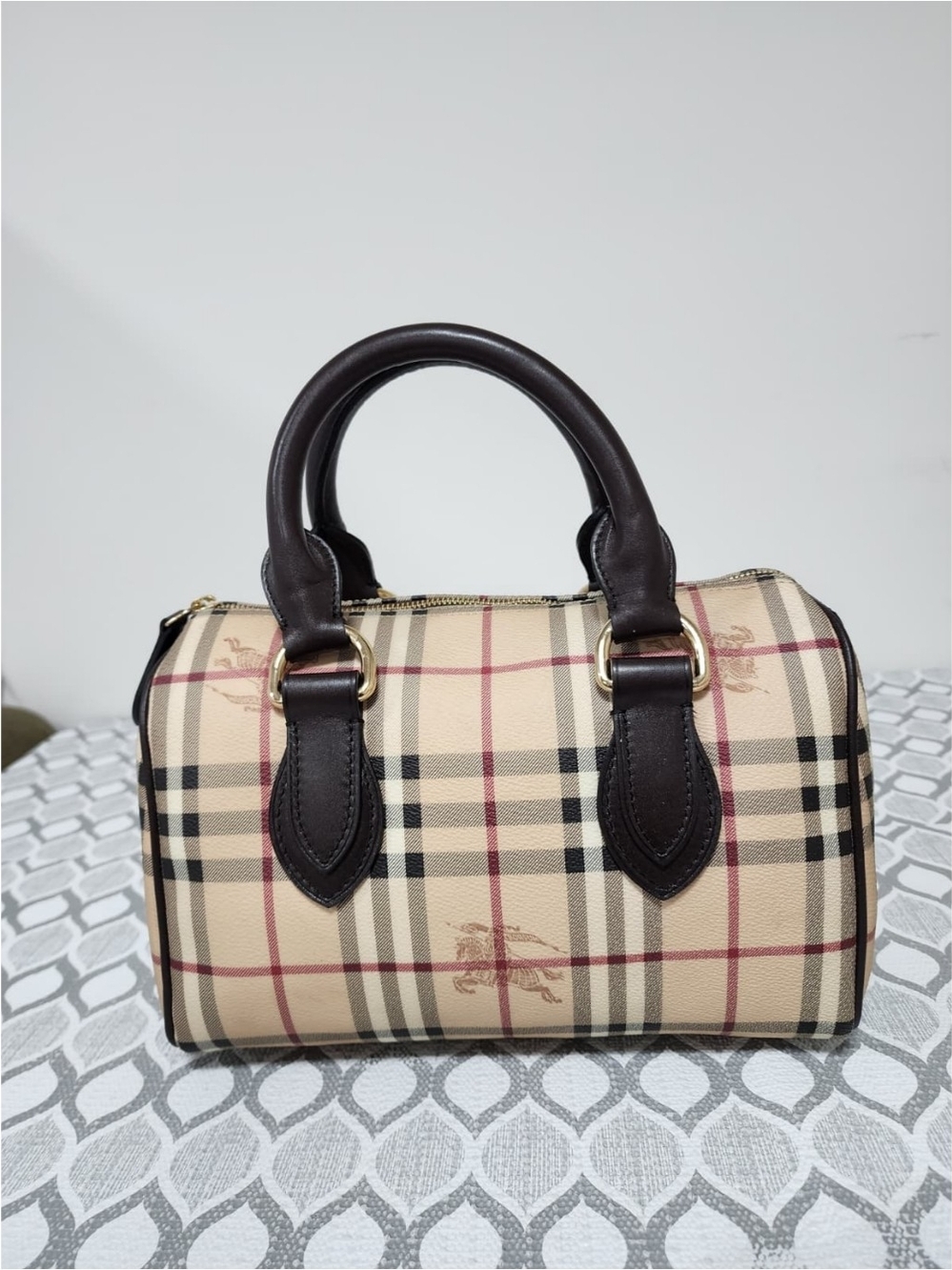 BURBERRY Haymarket Check Coated Canvas Bowling Bag Beige/Brown
